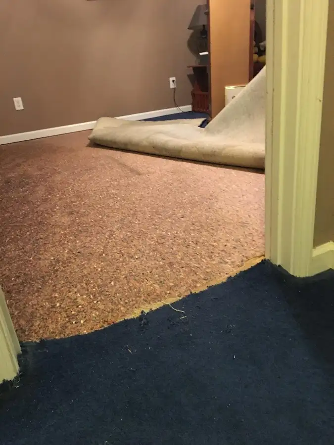 Carpet pad removal revealing water damage during Drying & Dehumidification in Santa Paula